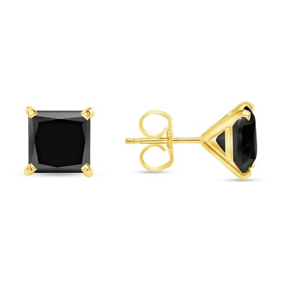 2.5 Ct Princess Black Earrings Studs Solid 14K Yellow Gold Push Back Martini-image