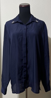Navy Blue BUTTON-UP BLOUSE WOMEN'S Size LARGE LONG SLEEVE BEADED COLLAR DIP-image