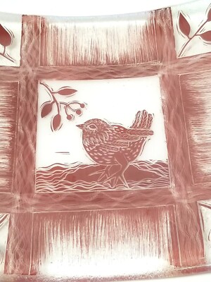 Mauer Bird on Branch Plate Iridescent Studio Art Glass Dish Signed 2012-image