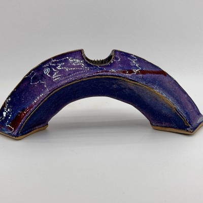 Handmade Studio Art Pottery Vase w/ Floral Frog Arch Rainbow Shaped Purple Blue -image