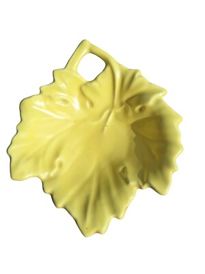 Vtg Yellow Leaf Shaped MCM Trinket Bowl 8x6 Inches Pottery Unbranded Fall Decor-image