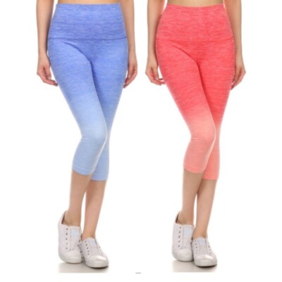 WOMENS DIP DYE OMBRE ATHLETIC CAPRI LEGGINGS WITH HIGH WAISTBAND-image