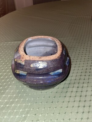 Blue Pottery Jar Vase Square Signed Purple Grey Rippled Studio Hand thrown Art.-image