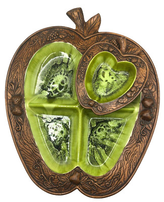 Vintage Treasure Craft Apple Serving Platter Divided Green matching Dip Bowl 381-image