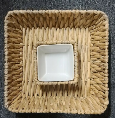 Oversized Chip & Dip ~ Rattan/Wicker Basket with Ceramic Bowl ~ 14
