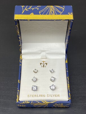 Cote d’Argent (3) Three Pairs of Sterling Silver CZ Stud Earrings w/ Box-image