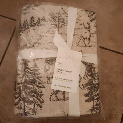 NEW Pottery Barn Rustic Forest KING Percale Sheets Set Alpine Stag Deer Cabin-image