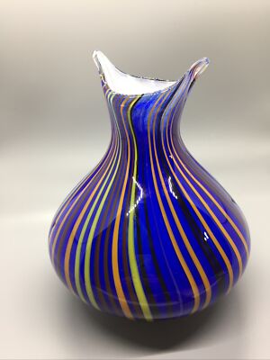 Hand Blown Studio Art Glass Owl shape  Vase Cased Blue White-image