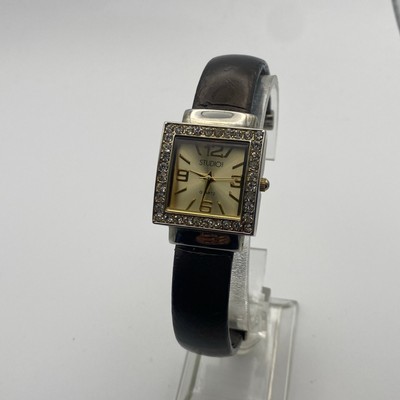 Studio Time Silver Clasp Square Dial Crystal Bezel Watch Working New Battery-image