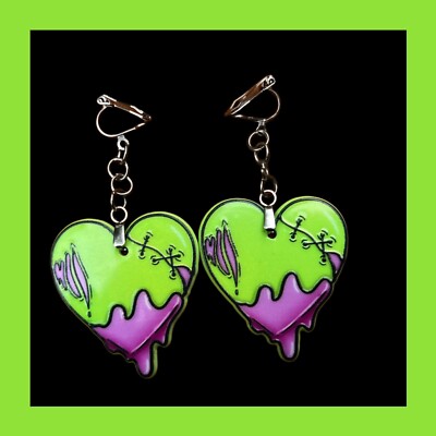 Green Zombie Heart Shaped Clip On Earrings-image