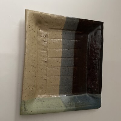 Studio Art  Pottery Square Dish. Trinket dish.Green black blue and beige.-image