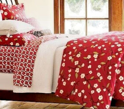 3-PC CHERRY BLOSSOM QUEEN DUVET SET POTTERY BARN RED BROWN STANDARD SHAMS COTTON-image
