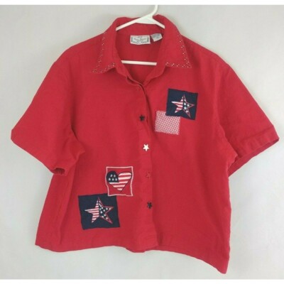Sara Studio Woman Patriotic Short Sleeve Red Blouse With Star Buttons Size 3X-image