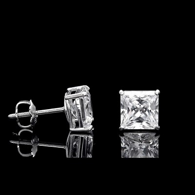 2ct Princess Simulated Diamond Earrings Square Stud 14K White Gold Screw-Back-image