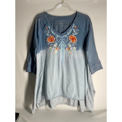 Caite Dip Dyed Floral Embroidered 3/4 Sleeve Asymmetric Hem Top Size Large-image