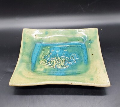 Handmade Studio Art Pottery Green Rectangular Trinket Dish Textured Signed  8.5