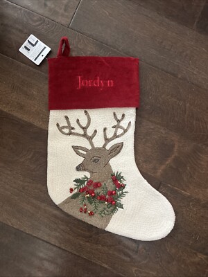 New Pottery Barn Crewel Icon Deer Stag Embroidered Christmas Stocking *Jordyn-image