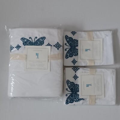 Pottery Barn Kids Windsor Embroidered Butterfly F/Q Duvet & 2 Std Sham Teal NWT-image