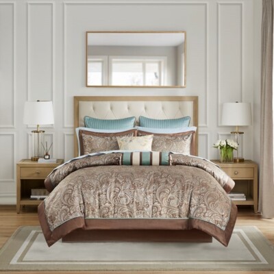 Madison Park Aubrey 12 Piece Queen Comforter Set w/Cotton Bed Sheets-Blue/Brown-image