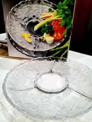 Home Beautiful Large Crystal Glass Round Chip & Dip Tray Platter Rose Pearls 14