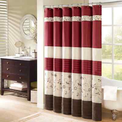 Belle Red 72 in. Faux Silk Embroidered Floral Shower Curtain-image