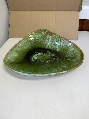 Mid Century Heavy Studio Art Pottery Green Drip Glaze Triangular Shaped 13”-image