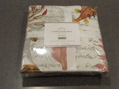 3PC RARE Pottery Barn Coastal Sealife Queen Duvet w 2 Std Shams SPRING SUMMER-image
