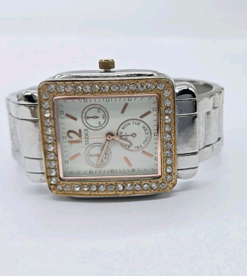 Studio Watch Cuff Bracelet Band New Battery Two tone Silver and Rose Gold-image