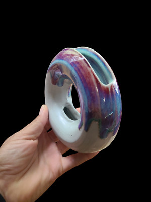Studio Ceramic Art Pottery Drip Glaze Donut shaped Vase iridescent By Judy-image