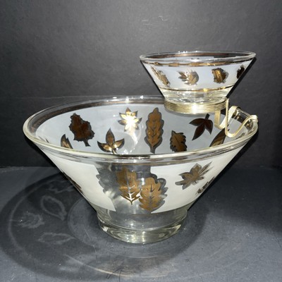 VTG Libbey Large Salad Chip & Dip Bowl Set Cradle Frosted Gold Rose Leaf Pattern-image