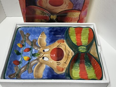 Clay Art Reindeer Chip 'n Dip Platter Christmas Serving Tray Plate 15.5