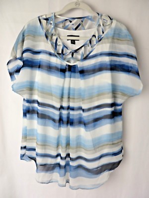 AB Studio Top Criss Cross Neckline Sheer Blue Stripe w Cami Size M #7929-image