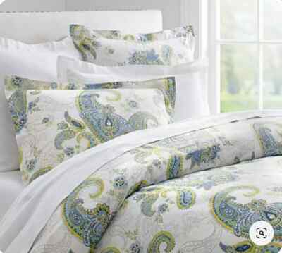 SET 3 Pottery Barn Annie Paisley Queen Full Duvet 2 Standard Shams Blue Green-image