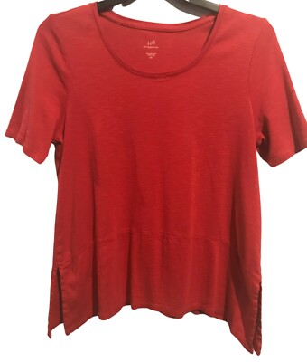 J Jill Sz Petite Large Red Pima Dipped Hem Tunic Knit Top  Scoop Neck Asymmetric-image