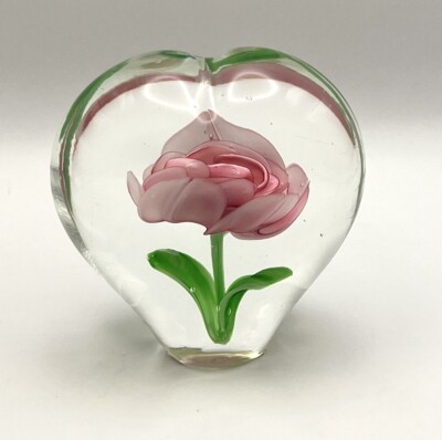 Heart Shaped Studio Art Glass Paperweight Clear Glass Pink Flower Green 4” Tall-image