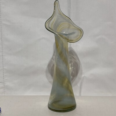 Tulip Lily Shaped Studio Art Glass 8” Vase With Gold And White Swirls -image