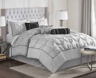 LAUREL SILVER GREY 6pc King COMFORTER SET : PINCH PIN TUCK HOTEL GLAMOUR BLACK-image
