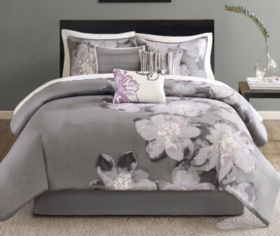 SERENA MODERN CHIC 7pc COMFORTER SET :  GREY PURPLE WHITE ABSTRACT FLOWER-image
