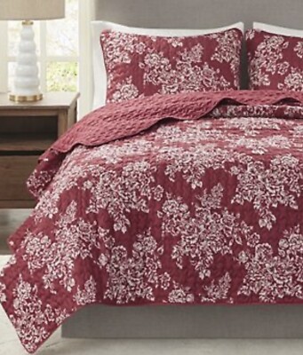 Madison Park Full/ Queen Sz 3 pcs Quilt Blanket Bedding Set  - Red Floral -image