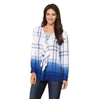 Curations Blue Plaid Dip Dye Ruffle Front L/S Tunic Top M New 490-636-image