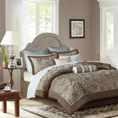 Queen Size Comforter Set Victorian Elegant Paisley Blue Brown Shabby Chic 12Pc-image