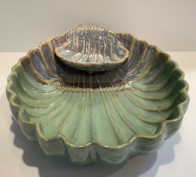 Studio Art Pottery Chip & Dip Clam Shaped Serving Bowl Signed Nedza-image