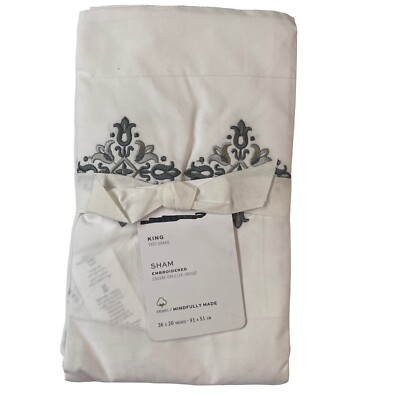 Pottery Barn Gray White Embroidered Tile Trim Organic King Sham Multi-image