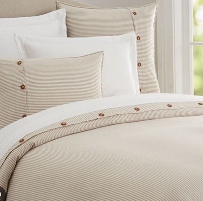 Pottery Barn Wheaton Tan Striped Linen Cotton Duvet Cover Full Queen-image