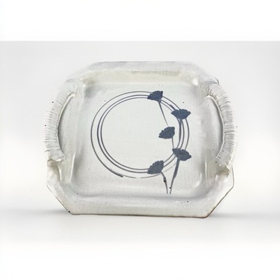 Studio Pottery Serving Platter Tray with Handles Blue Flowers Signed “Ann Baker”-image