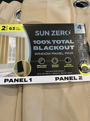 Sun Zero 100% Total Blackout Curtain.. Two Panel 37x63in ..Beige-image