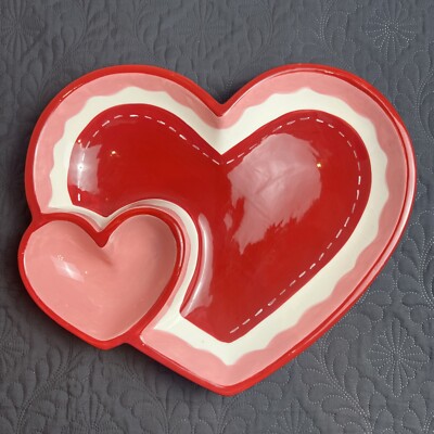 Valentine Red & Pink Large Double Hearts Ceramic Chip 'n Dip Tray Bowl 14