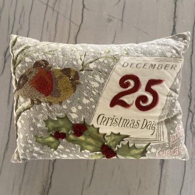 Pottery Barn Postcard Pillow Cover 12”x16” Christmas Day December 25 Bird Holly-image
