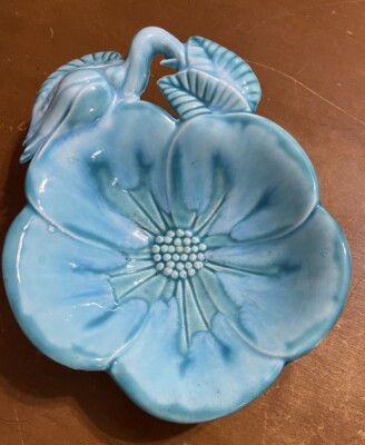 Vintage Blue Glazed Flower Shaped Studio Pottery Dish Bowl CM-image