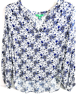 DIP Women's XL Blouse Tunic Style V-Neck Balloon Sleeves 3/4 Long Blue White-image